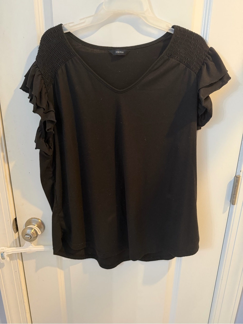 Smocked Shoulder Ruffle Sleeve V-Neck Top - Black